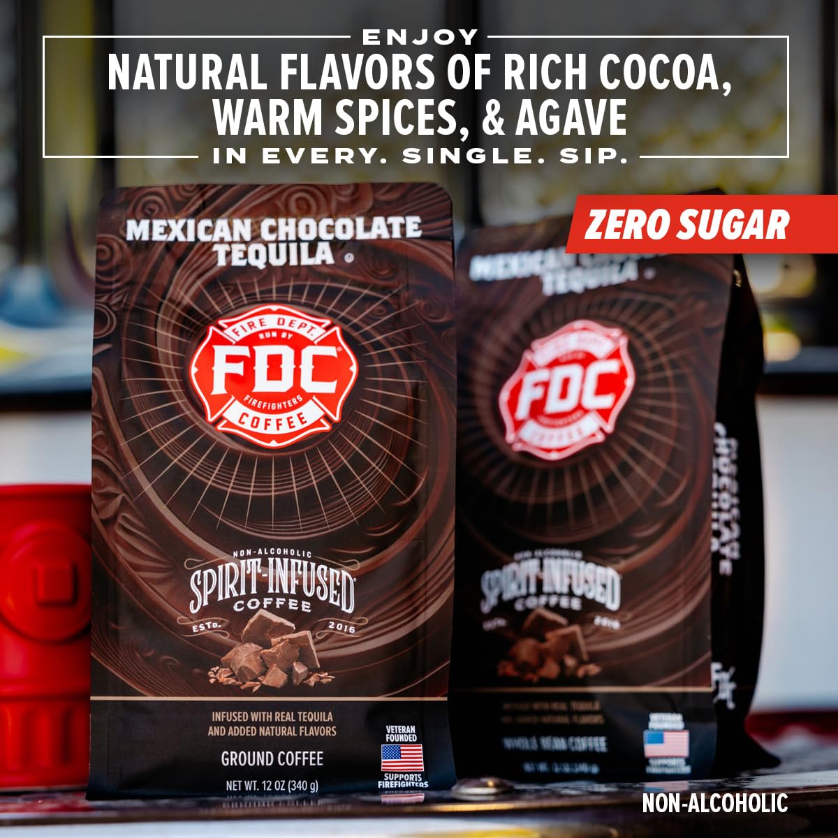 Fire Department Coffee - Gives Back to Firefighters - Mexican Chocolate Tequila Infused Ground Coffee - Medium Roast - Non-Alcoholic - Roasted in the USA - Veteran Owned - 12 oz
