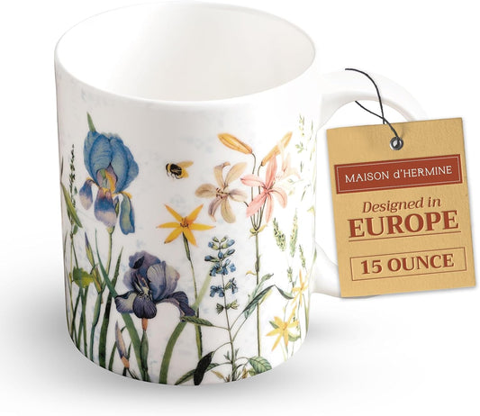 Maison d' Hermine Coffee Mug with Handles Fine Bone China Mugs Pack of One Tea Cups for Hot Beverages Cappuccino Latte Home Restaurant Office Perfect for Gift (Fleurs De Mai - Floral, 15 Ounce)