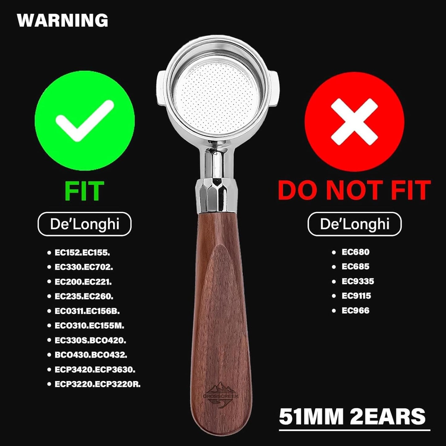 51mm Espresso Bottomless Portafilter with 2 Ear | Fits De’Longhi ECP3420 / EC155 / BCO430 / EC260 Espresso Machine | Stainless Steel Basket and Walnut Handle | Espresso Accessories