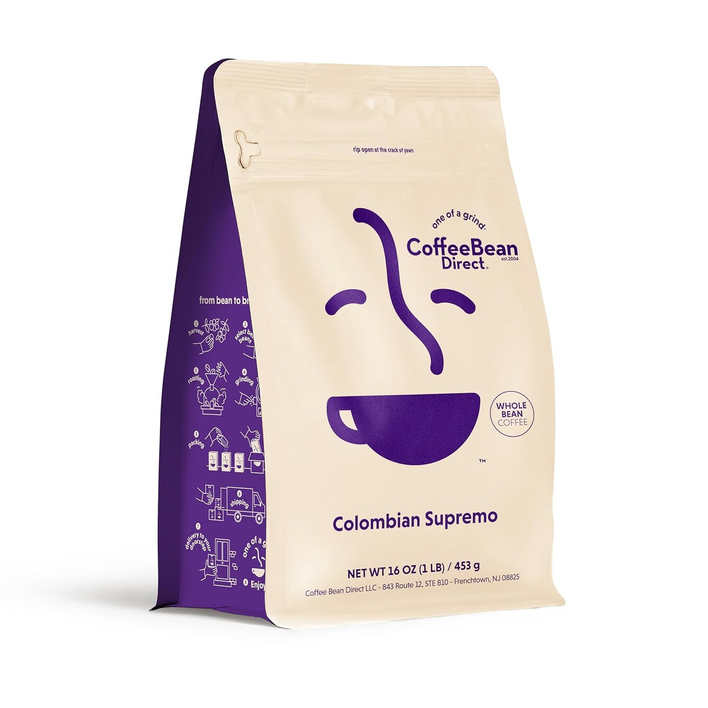 Coffee Bean Direct Colombian Supremo, Whole Bean Coffee, Light Roast, 1 Pound Bag (Pack of 1)