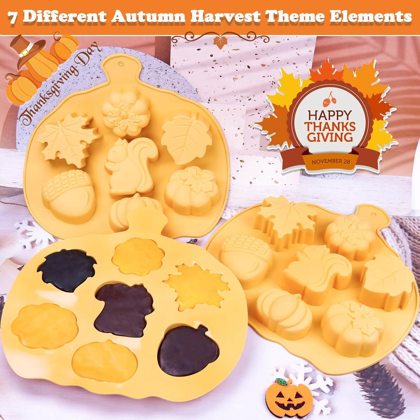 Halloween & Thanksgiving Silicone Molds - 3PC Autumn Cake Molds Set with Acorn Pumpkin Maple Leaf Shapes 21-Cavity Baking Pan for Chocolate Candy Cheesecake Ice Cube Jelly Pudding Soap Candle Making