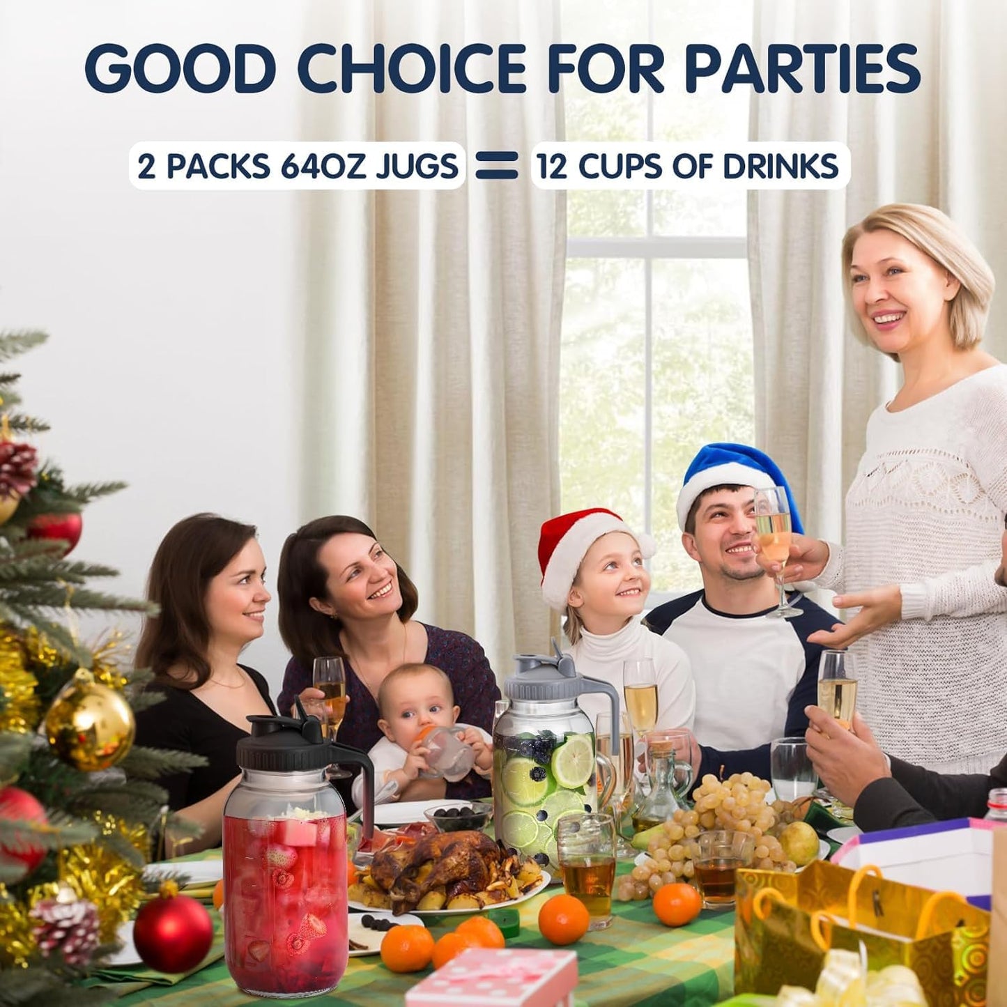 64OZ Glass Pitchers with Lid, Wide Mouth Water Jugs, Leak-Proof Airtight Mason Jars for Cold Brew Coffee, Iced tea, Milk, Food Storage, Sun Tea Jar (Grey)