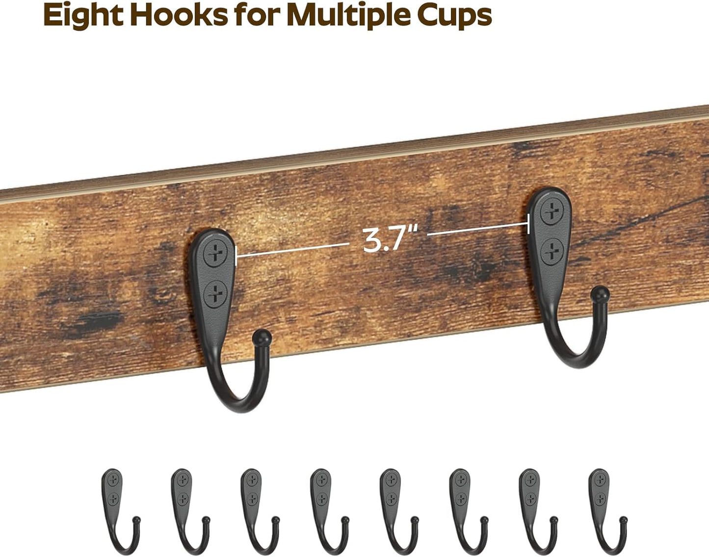 Coffee Mug Holder for Counter, 2 Tier Mug Tree Rack, with 8 Hook and 2 Open Shelves, Vintage Mug Holder Stand for Home Kitchen, Rustic Brown MH43BR