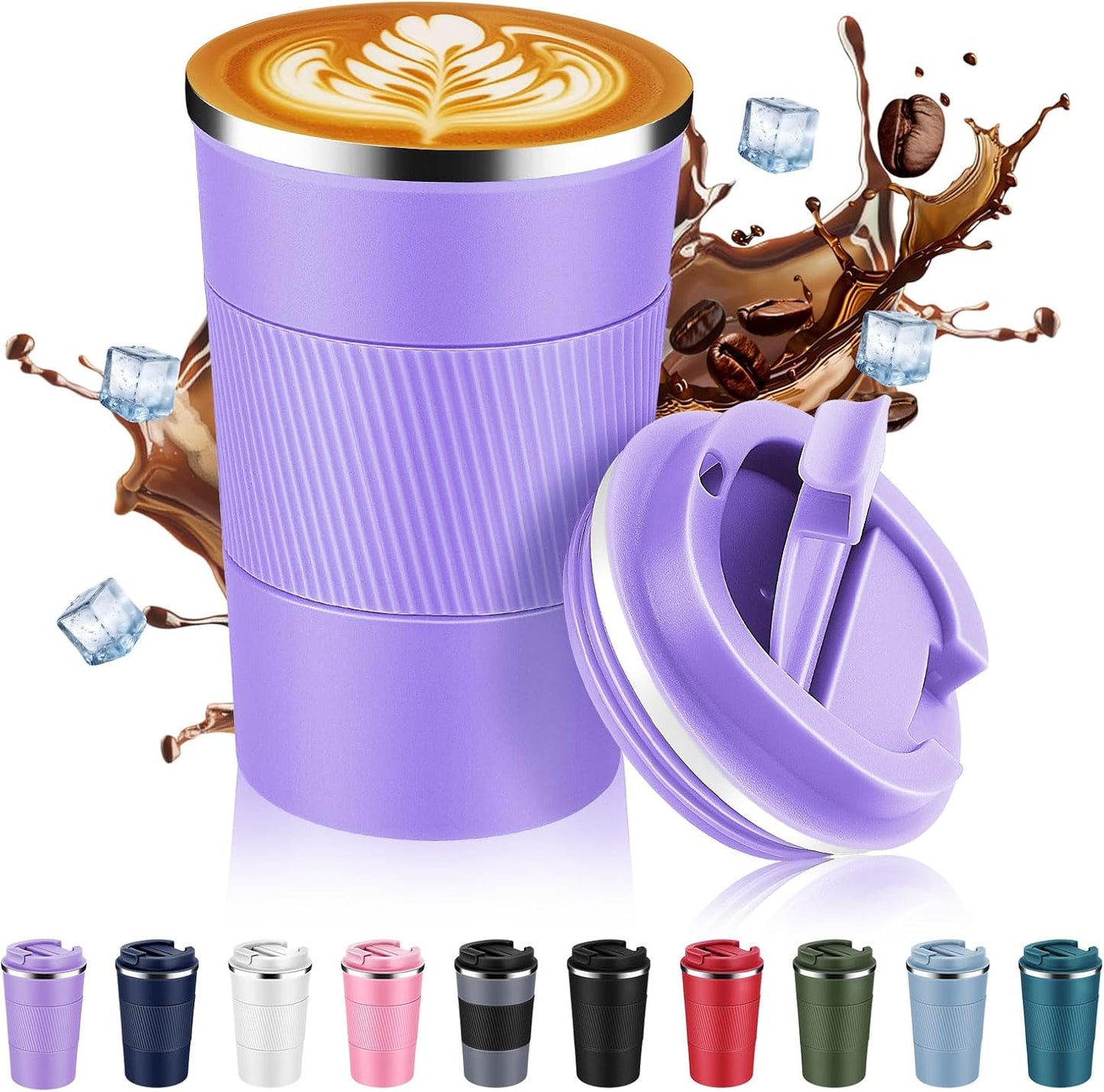 Volhoply 13 oz Stainless Steel Insulated Travel Coffee Mug with Fip Lid,Reusable Double Wall Vacuum Metal Coffee Cup,Portable to Go Leak Proof Cafe Thermal Tumbler for Hot & Cold Drinks(Purple,1)