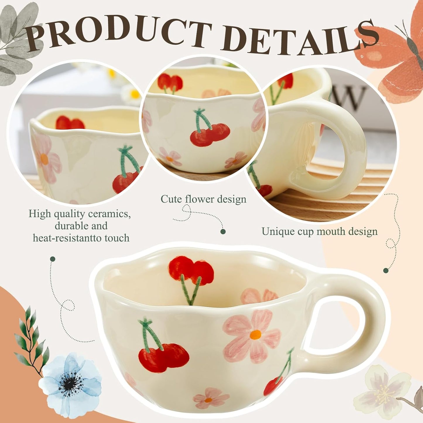 Vesici 2 Pcs Ceramic Coffee Mugs Flower Cups with Spoon Vintage Floral Mugs with Handle 8.5 oz Aesthetic Tea Porcelain Cup Gift for Valentine Office Home, Dishwasher and Microwave Safe(Cute)