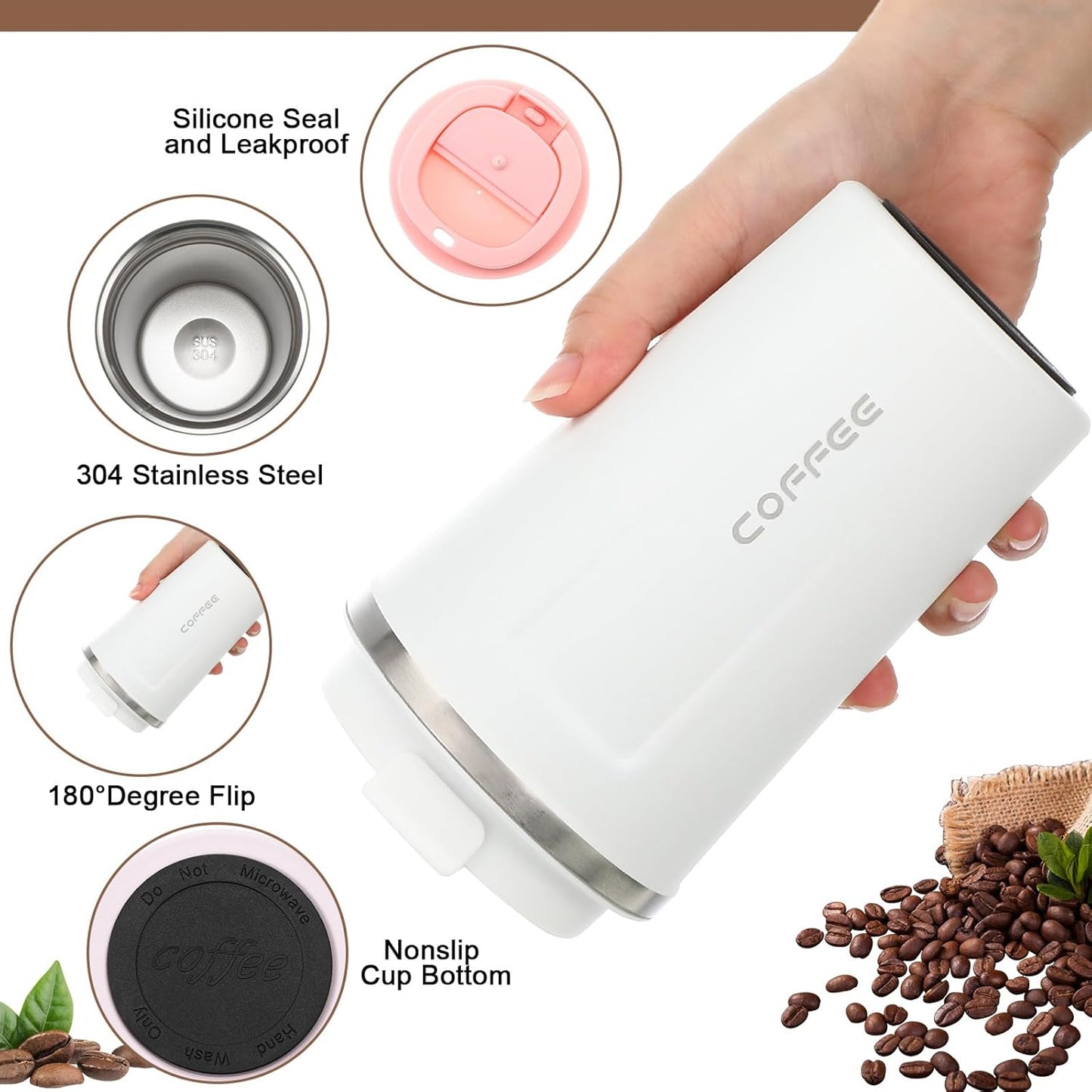 6 Pack Travel Coffee Mugs 12oz Double Wall Insulated Coffee Cups Bulk with Lid Vacuum Stainless Steel Leak Proof Reusable Portable Tumblers for Cold and Hot Drinks(Black, White, Pink)