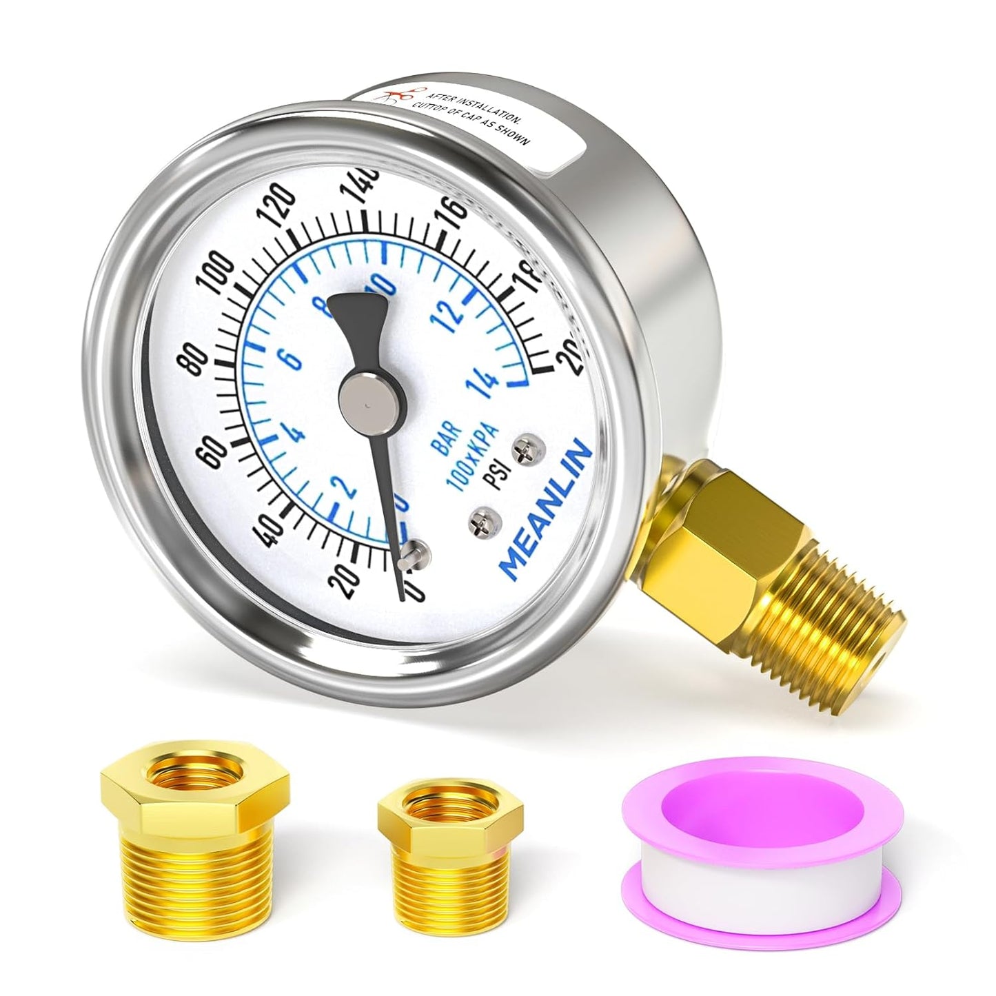 MEANLIN MEASURE 0~200Psi Dry Pressure Gauge Stainless Steel 1/4" NPT 2" FACE DIAL Waterproof for Air Compressor Air Regulator Water Filter Lower Mount, with 1/2" NPT and 3/8" NPT Hex Bushing