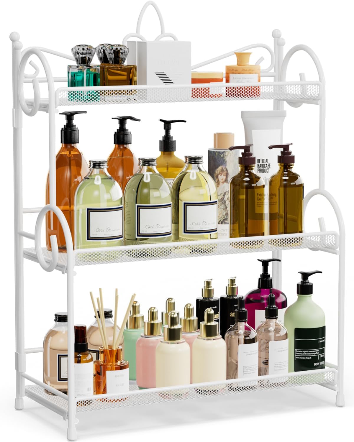 Bathroom Counter Organizer - Spice Rack Countertop 3 Tier Counter Shelf Organizer for Bathroom Kitchen Bedroom Foldable White