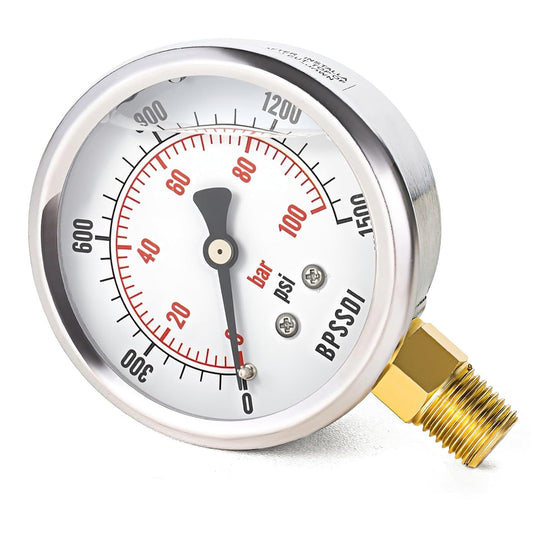 0-1500 Psi Glycerin Liquid Filled Hydraulic Pressure Gauge, 2.5" Dial Size, 1/4" NPT Lower Mount, 304 Stainless Steel Case, for Water Oil Air Gas Pressure Test