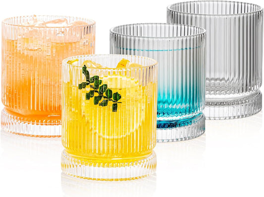 Ribbed Glass Cups Set, 390ml Vintage Drinking Glassware Set of 4, Cocktail Glasses, Low Ball Ribbed Glassware, Mixed Glassware Set, Premium Whiskey Glasses, Ideal for House of Glass