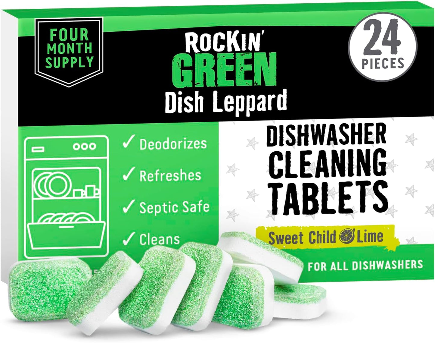 Rockin' Green Dishwasher Cleaner Tablets (24 Pack) - Septic Safe Dishwasher Cleaning Tablets Dishwasher Cleaner and Deodorizer Dishwashers Tablet Remove Build Up with Citric Acid (Sweet Child O'Lime)