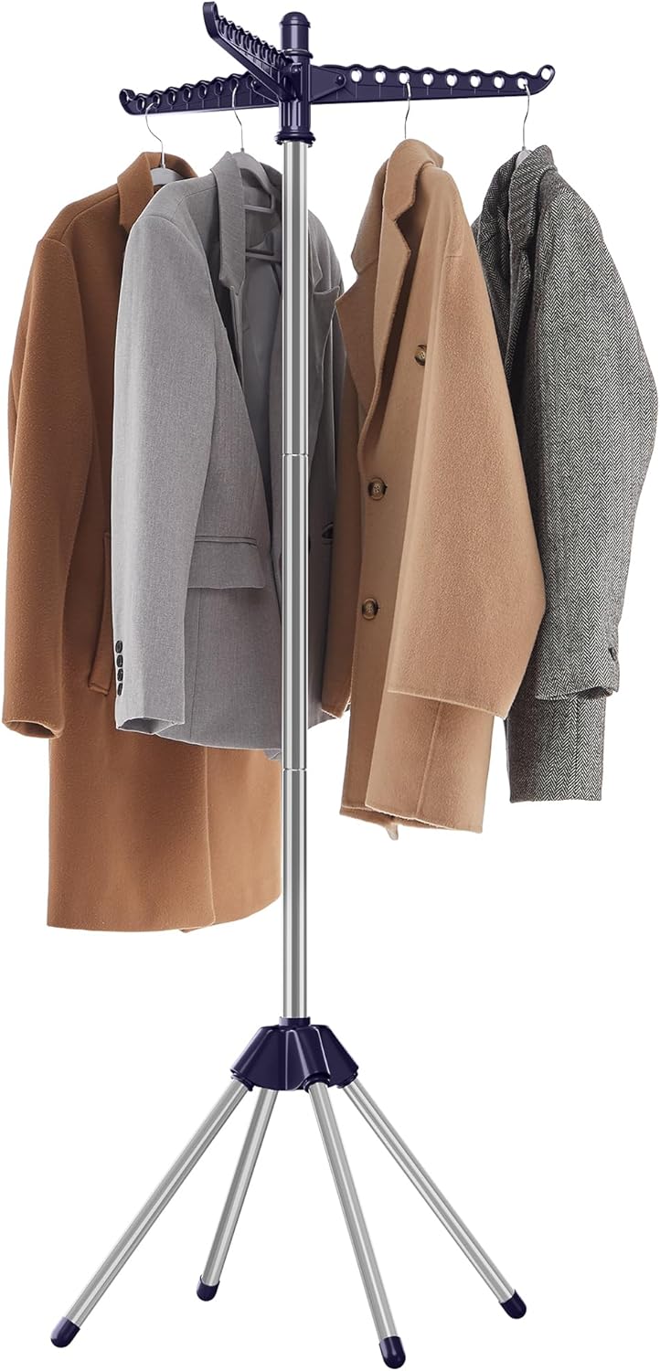 SONGMICS Clothes Drying Rack, 59-Inch Folding Laundry Drying Rack with 3 Rotatable Arms for Hangers, 4 Legs, Stainless Steel, for 27 Pieces of Clothes, Blue and Silver ULLR510Q01