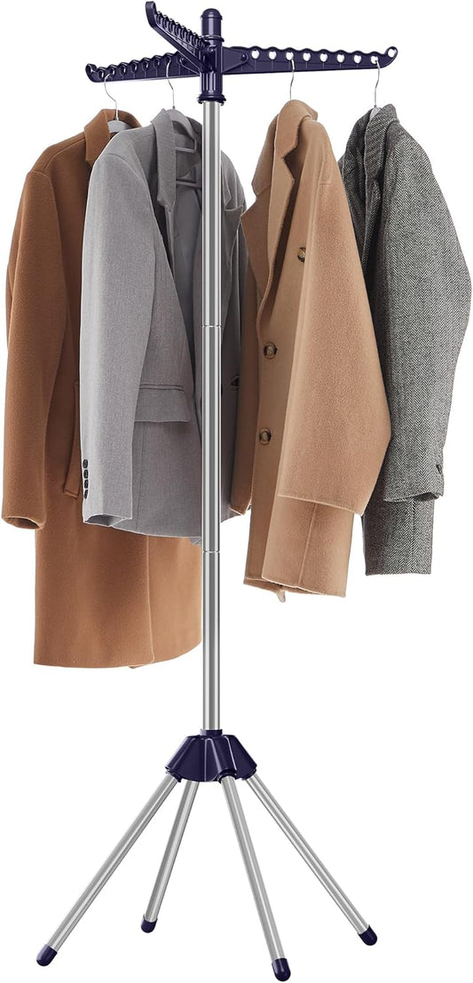 SONGMICS Clothes Drying Rack, 59-Inch Folding Laundry Drying Rack with 3 Rotatable Arms for Hangers, 4 Legs, Stainless Steel, for 27 Pieces of Clothes, Blue and Silver ULLR510Q01