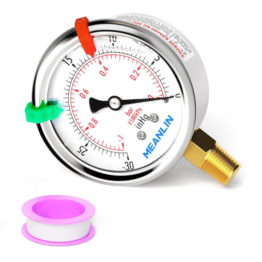 MEANLIN MEASURE -30inHG~0Psi Vacuum Pressure Gauge 1/4" NPT 2.5" FACE DIAL, Stainless Steel Liquid Filled Pressure Gauge WOG Water Oil Air Lower Mount (with 2PCS Snaps)