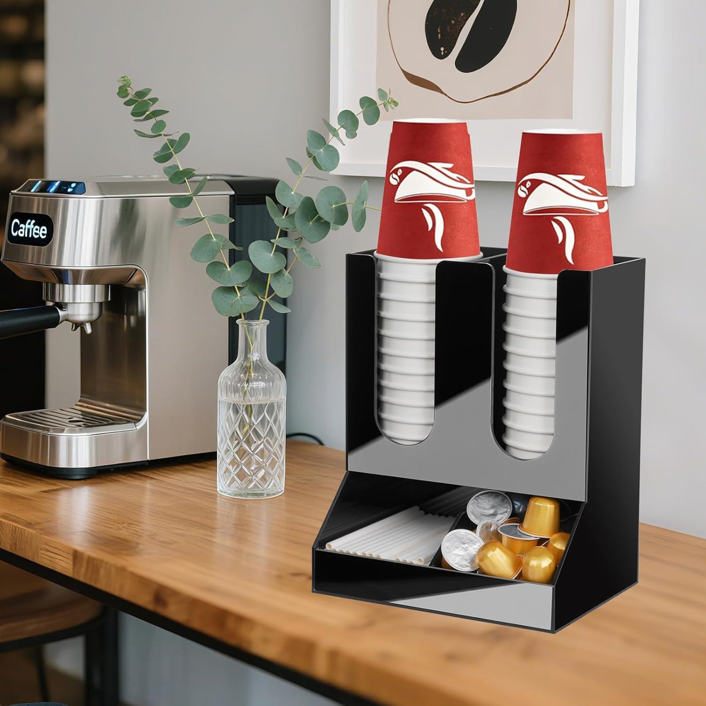 MYITYARD Coffee Station Organizer, 2-Tier Coffee Bar Accessories for Countertop, Acrylic Condiment and Cup Storage Organizer, 4 Compartments, Cup and Lid Holder for Pods, Syrup, Stirrer