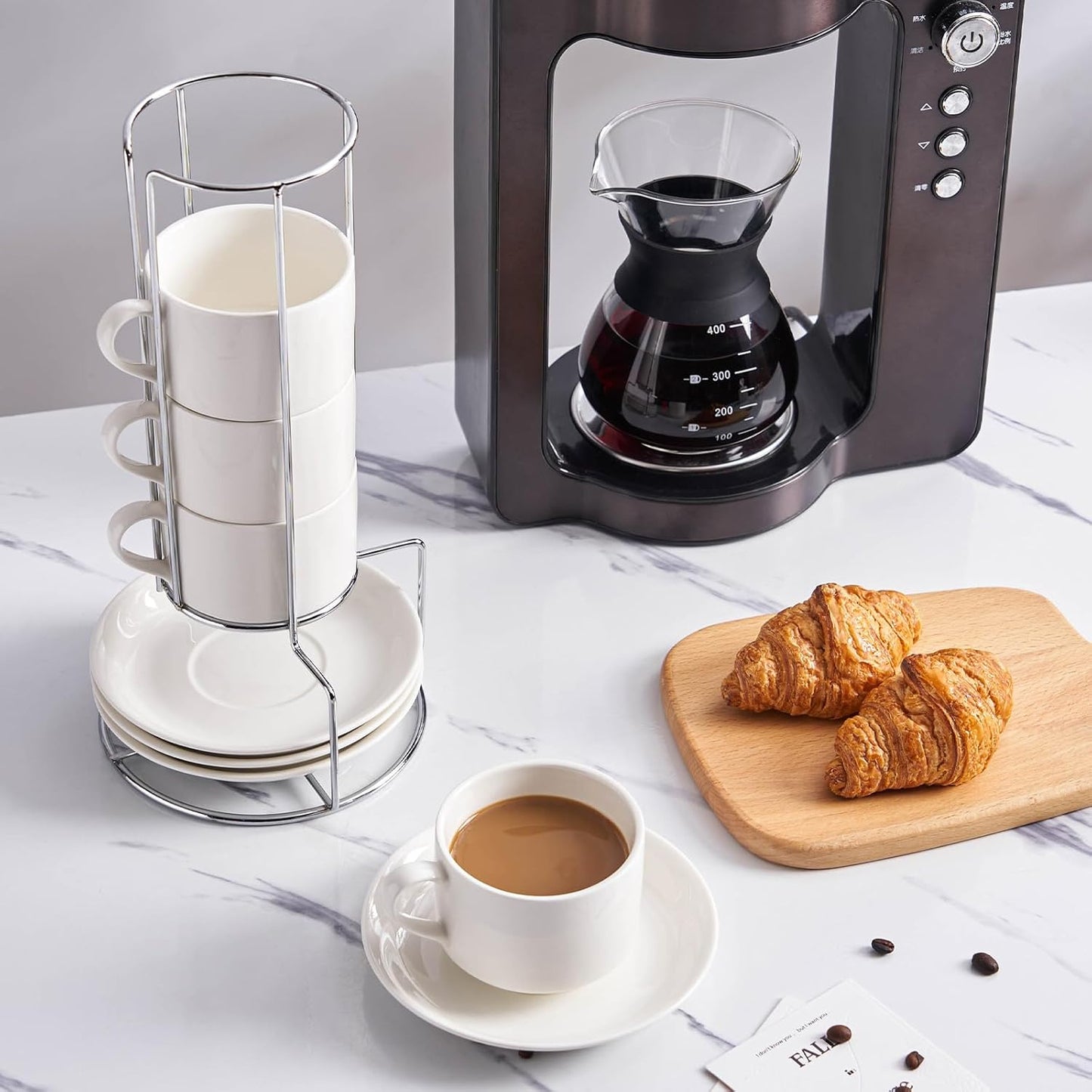 8 Ounce Porcelain Cappuccino Cups with Saucers and Silver Stand, White Cups Set of 4