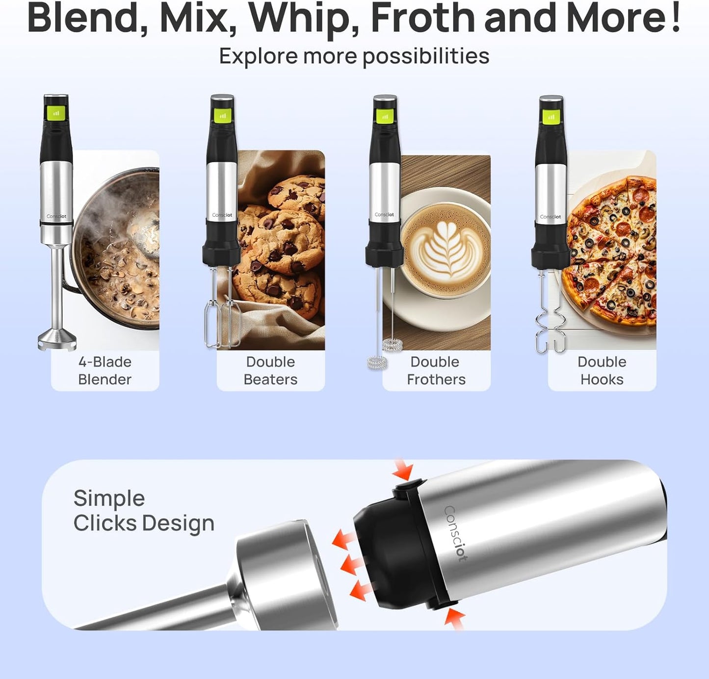 Consciot 4-in-1 Immersion Blender Handheld Max 1100W, Corded Stick Emulsifier with Entire Stainless Steel Blender Shaft, Trigger Speed Control, For Blending, Beating, Frothing, Mixing & More, Non-BPA