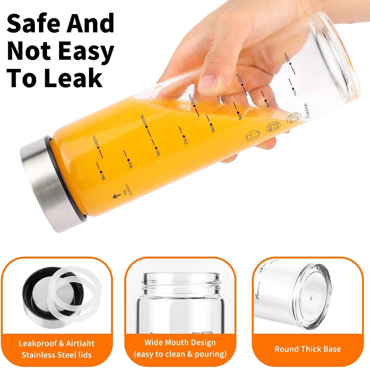 Glass Juice Bottles 6 Pack 16 oz - Wide Mouth Glass Water Bottles with Lids - for Juicing, Protein, Smoothie, Milk, Reusable, BPA Free, Stainless Steel Lids, Blender, Shaker Bottle [16oz/500ml]