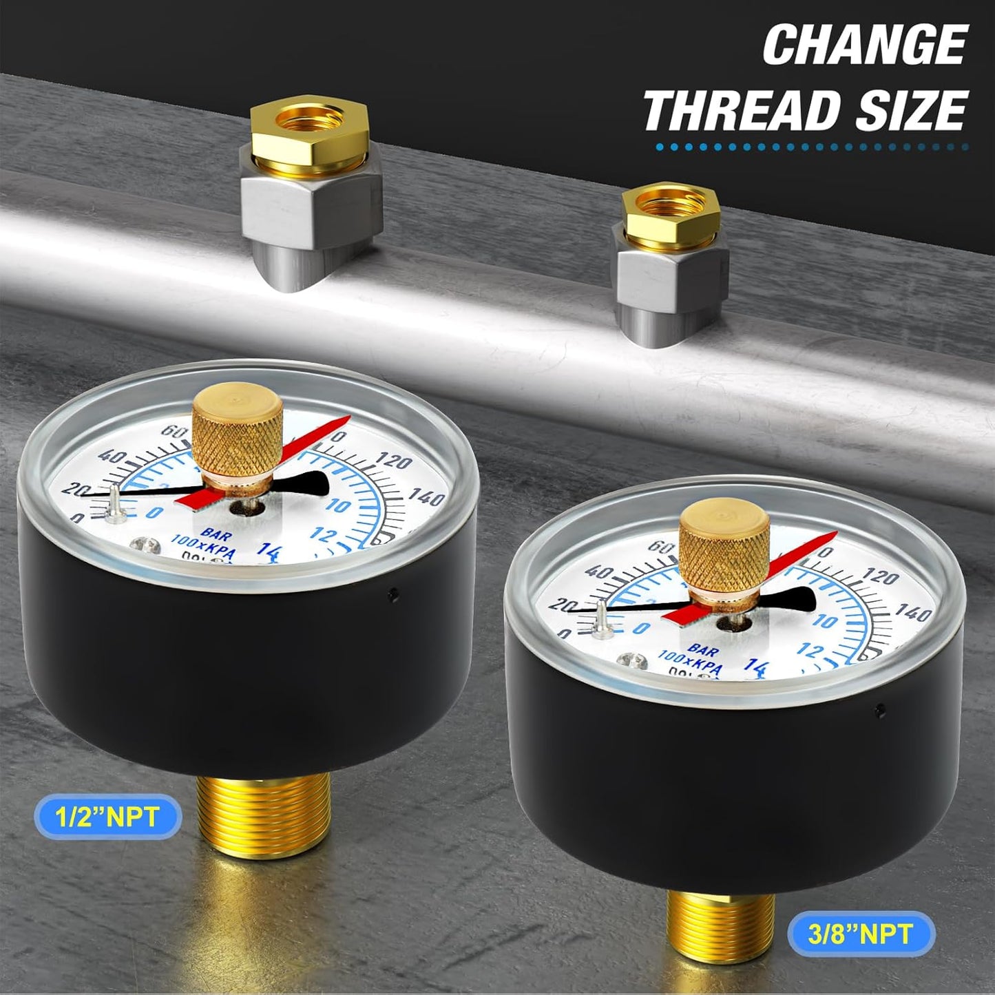 MEANLIN MEASURE 0-200Psi 2" DIAL FACE 1/4" NPT Well Pump Pressure Gauge with 1/2" NPT and 3/8" NPT Adaptor, 3-2-3% Accuracy,with Red Pointer Center Back Mount