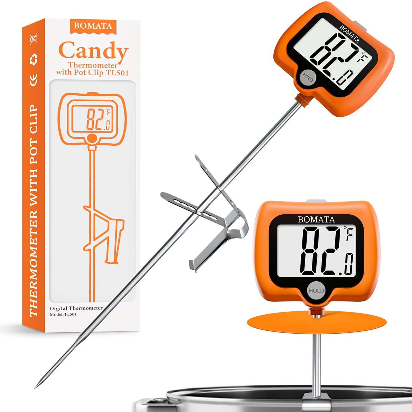 BOMATA Digital Candy Thermometer with Pot Clip, Deep Fry Oil Thermometer with Rotatable Display & Long Probe, for Candy Candle Making, Cooking, Food, Liquids, Water, Sugar.. Orange