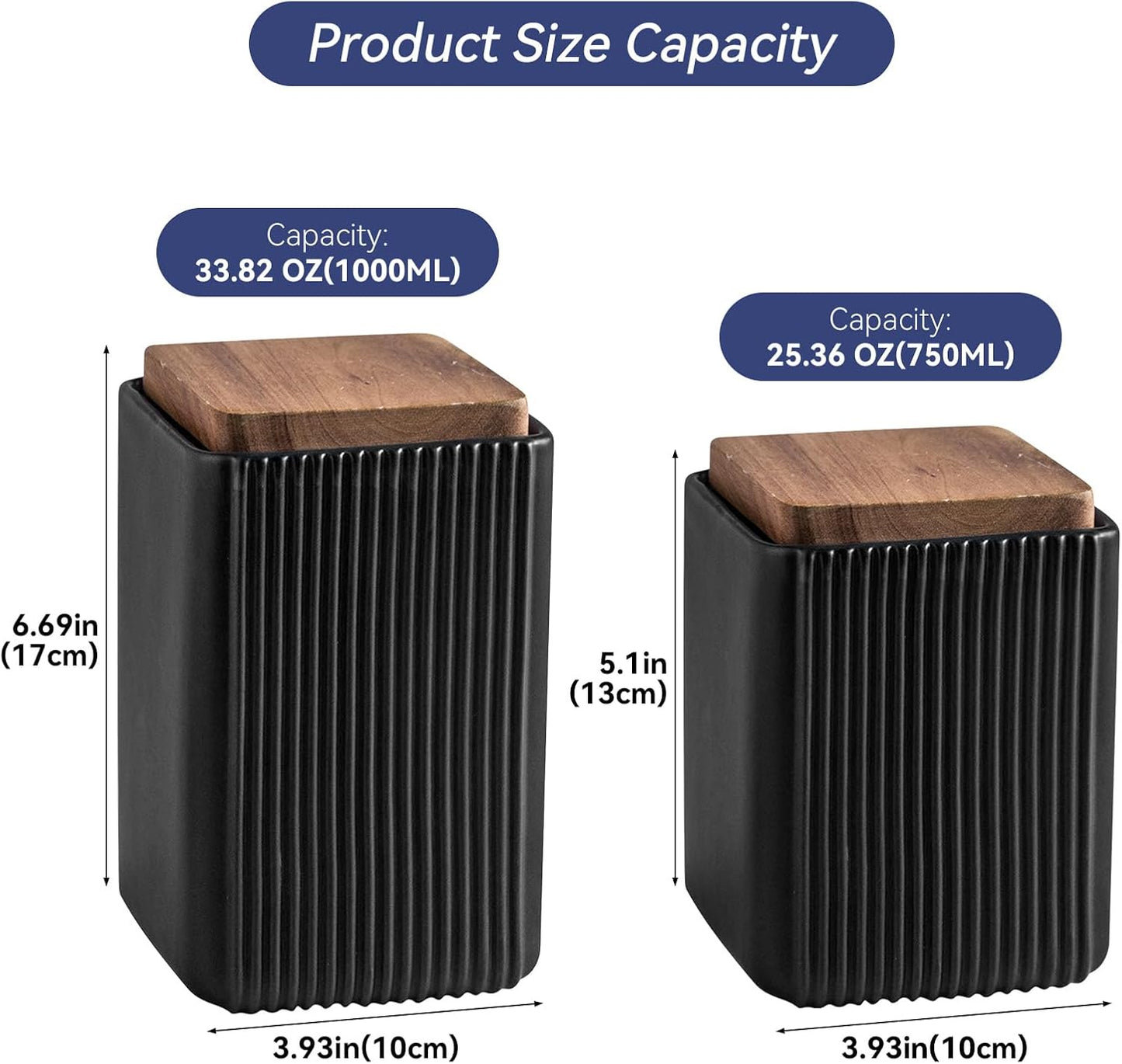 Ceramic Storage Jars Modern Elegant Polished Airtight Gorgeous Storage Canisters with Wooden Lid Small Food Stroage Jar for Kitchen Spice Tea Vanilla Sugar Coffee Beans (Black,Large size,17cm*10cm)