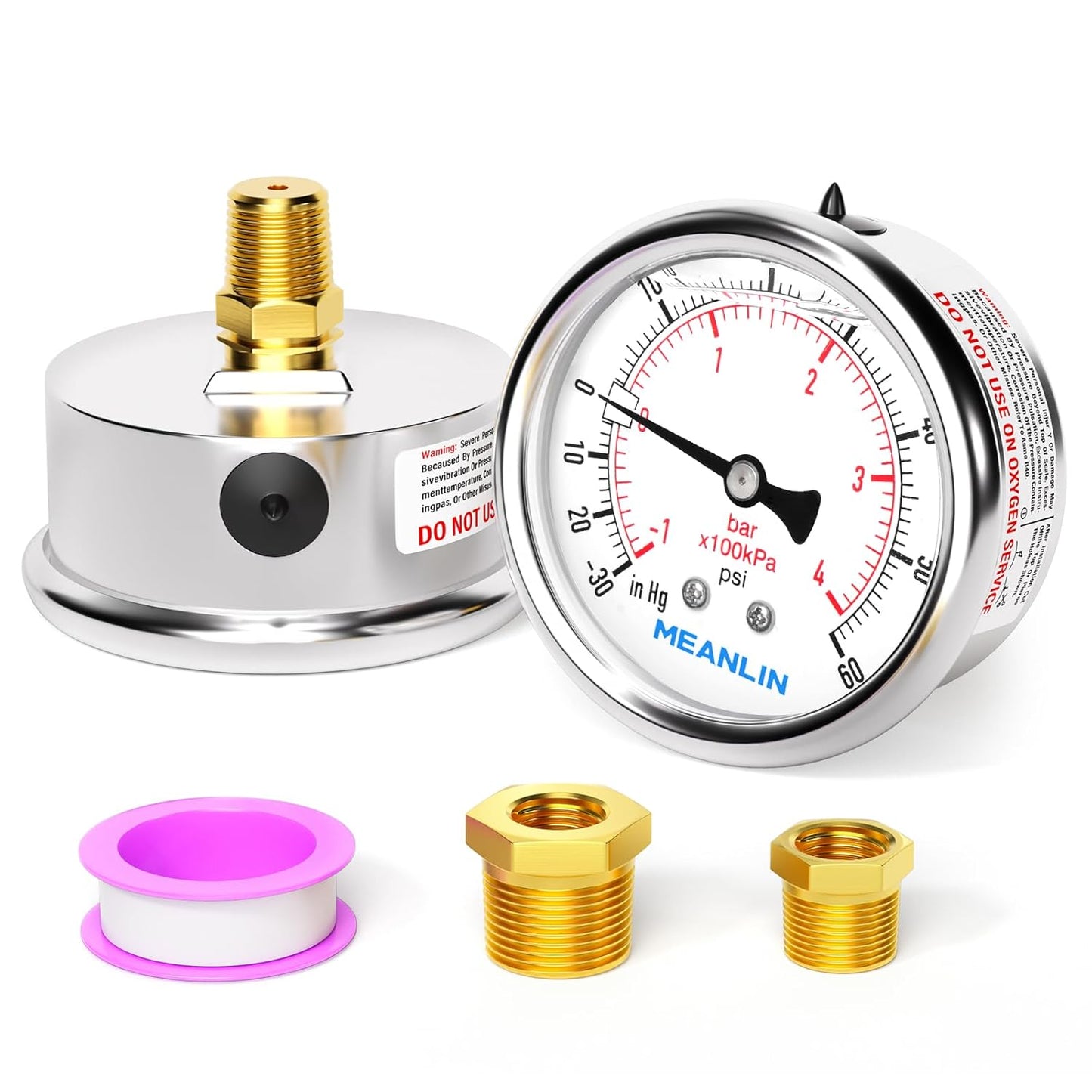 MEANLIN MEASURE -30inHG~60Psi Stainless Steel 1/4" NPT 2.5" FACE DIAL,Vacuum Pressure Gauge,Center Back Mount, with 1/4" x 1/2" NPT and 1/4" x 3/8" NPT Hex Bushing