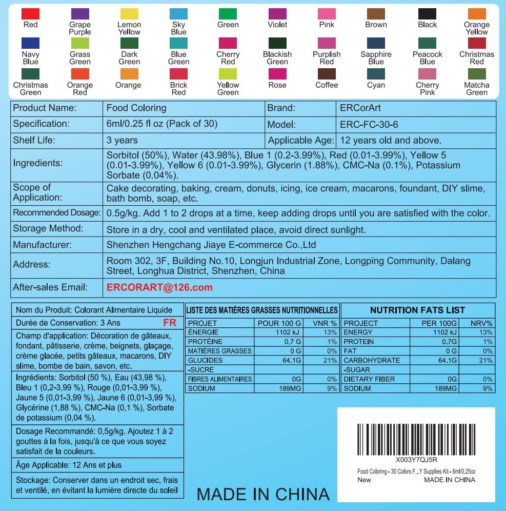 Food Coloring - 30 Colors Food Coloring Liquid, Natural Vibrant Food Color for Baking, Cookies, Easter Egg, Icing, Dessert Decorating, Fondant, Making DIY Supplies Kit - 6ml/0.25oz
