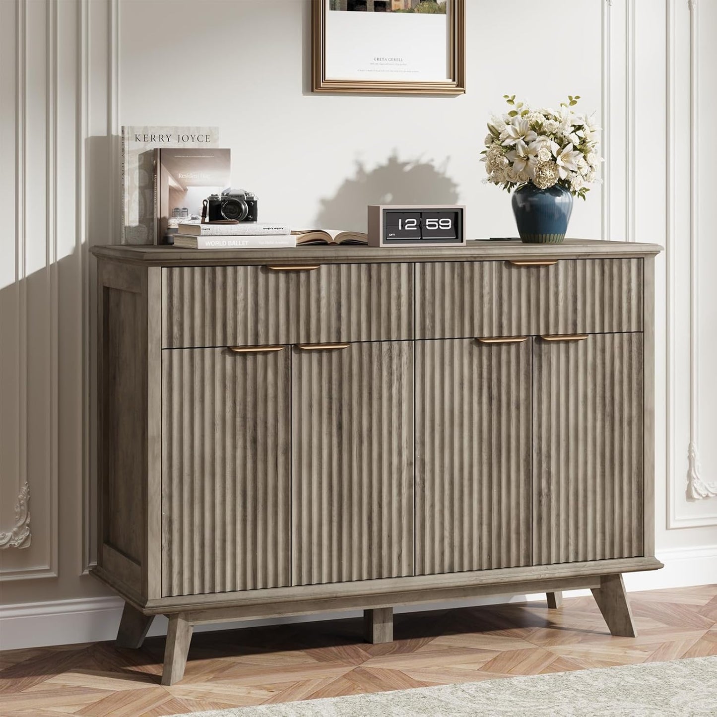 QUW Fluted Buffet Sideboard Cabinet with Storage, 47.2" Kitchen Cabinet with Drawers and Adjustable Shelves, Modern Coffee Bar with Charging Station, for Dining Room, Living Room, Grey