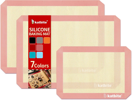 Katbite Silicone Baking Mat Colorful Collection - Set of 3: 2 Half Sheets Mats (11 5/8" x 16 1/2") + 1 Quarter Baking Sheet, Reusable & Nonstick Bakeware Mats for Cookies, Macarons, Bread (Pink)