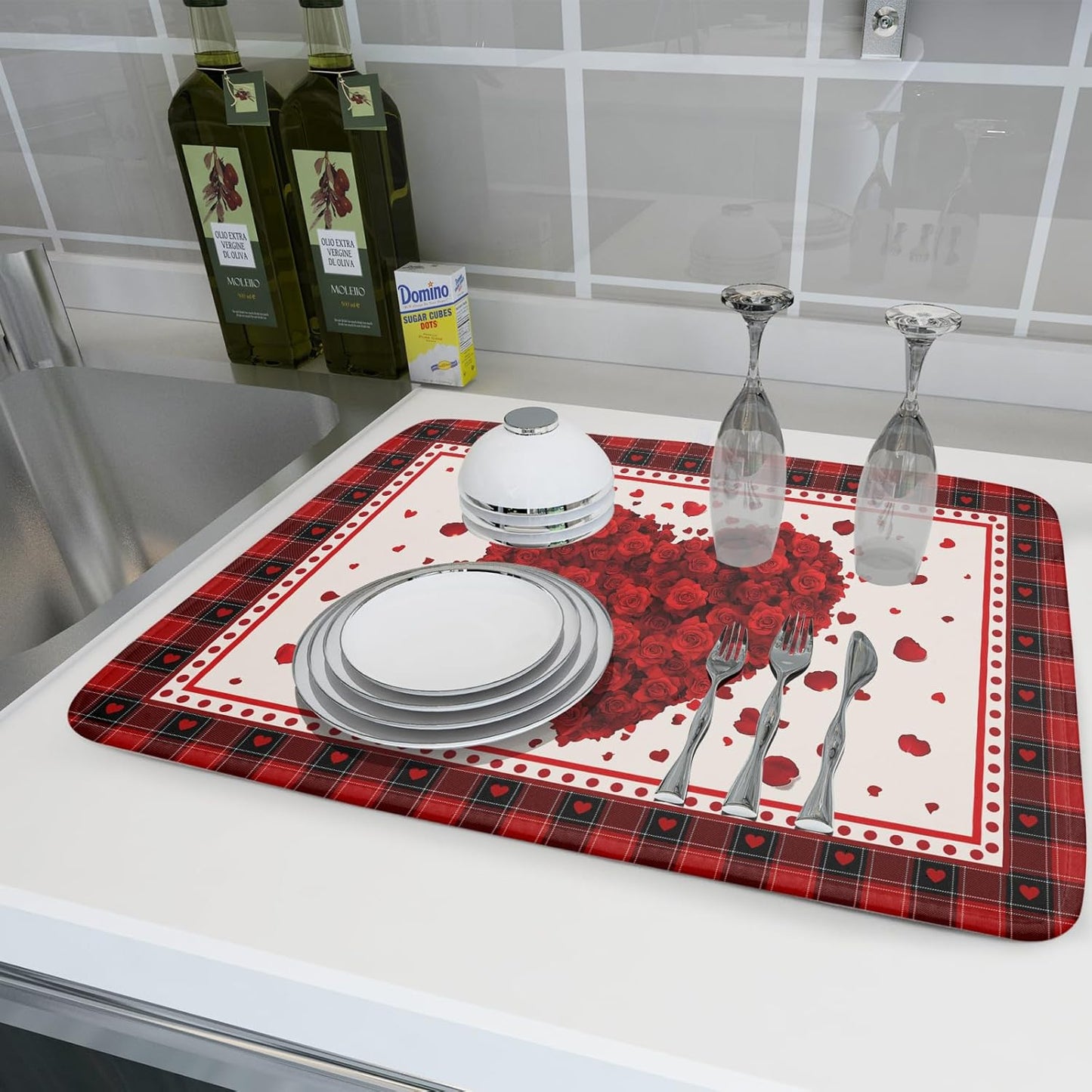 Giwawa Love Heart Dish Drying Mat 18x24 inch Valentines Day Red Rose Flowers Dish Drainer Mats Red Black Buffalo Plaids Absorbent Dish Drying Pad for Kitchen Countertop Wedding Large Decor