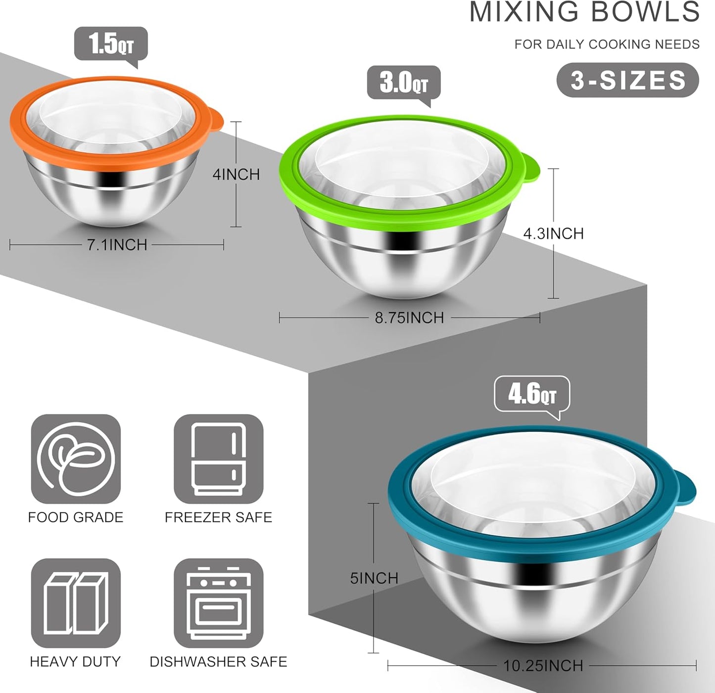 HaWare Mixing Bowls with Airtight Clear Lids, 6-Piece Stainless Steel Strong Nesting Bowls Set, Metal Salad Bowl for Cooking, Prepping, Baking, Serving & Food Storage, Size 4.6, 3, 1.5QT, Colorful