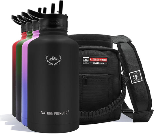 NATURE PIONEOR Insulated Water Bottles with Straw - 64oz Stainless Steel Vacuum Bottle with Holder/Carrier/Sleeve - Reusable 18/8 Food Grade Half Gallon Water Jug