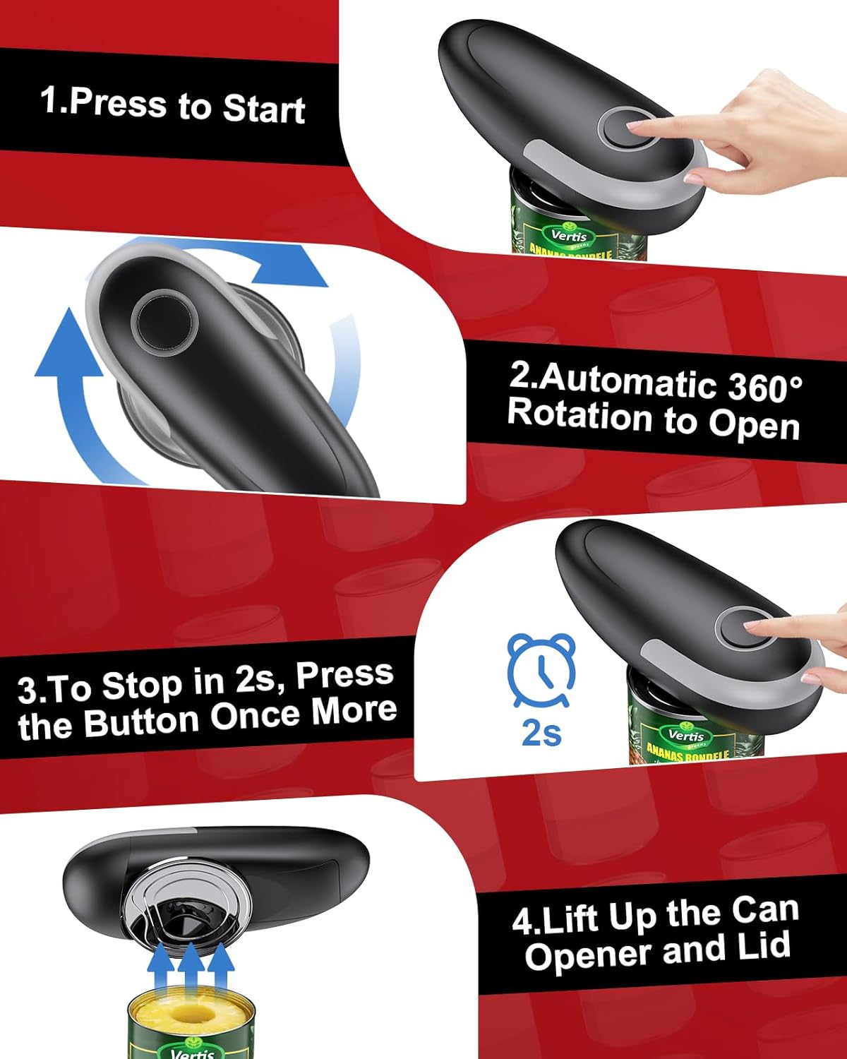 One Touch Electric Can Opener Fits All Can Sizes, Electric Can Openers for Kitchen Food Safe with Smooth Edge, Kitchen Gadgets Automatic Can Opener for Seniors, Arthritis and Chef（Black)