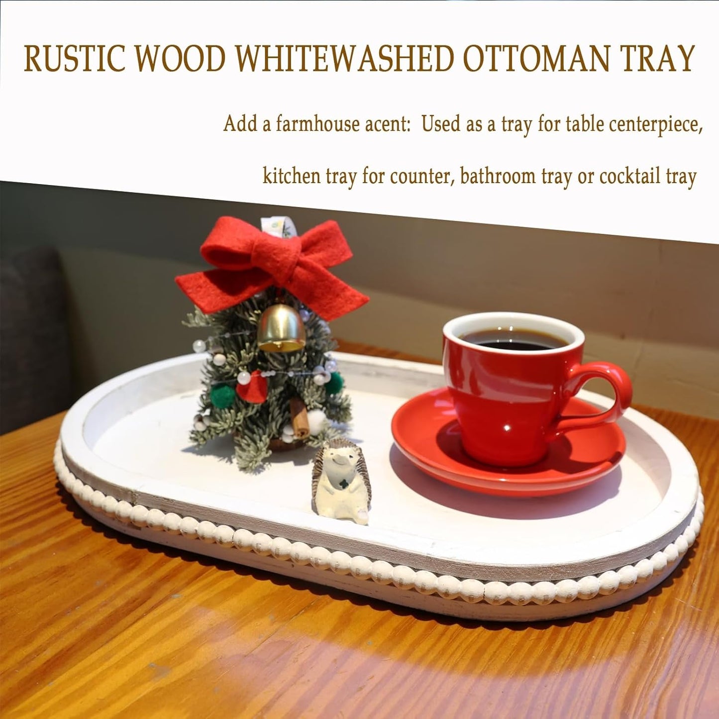 Oval Wood Serving Tray with Wooden Beads, Outdoor Farmhouse Decorative Tray for Ottoman, Coffee Table, Kitchen Counter Organizer, Home Decor(Whitewashed)