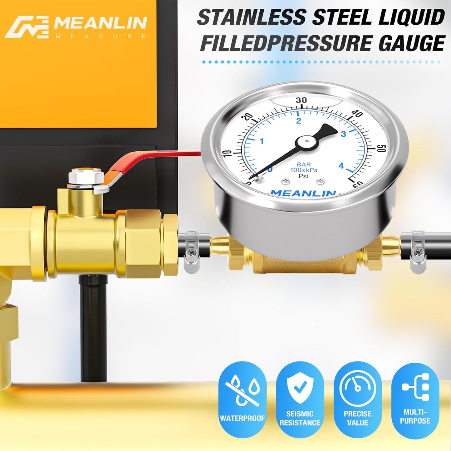 MEANLIN MEASURE 0-60Psi Stainless Steel Liquid Filled Pressure Gauge 1/4" NPT 2.5" FACE DIAL, with 1/4" 5/16" Barbed, WOG Water Oil Air (9Pieces KIT, Back Mount)