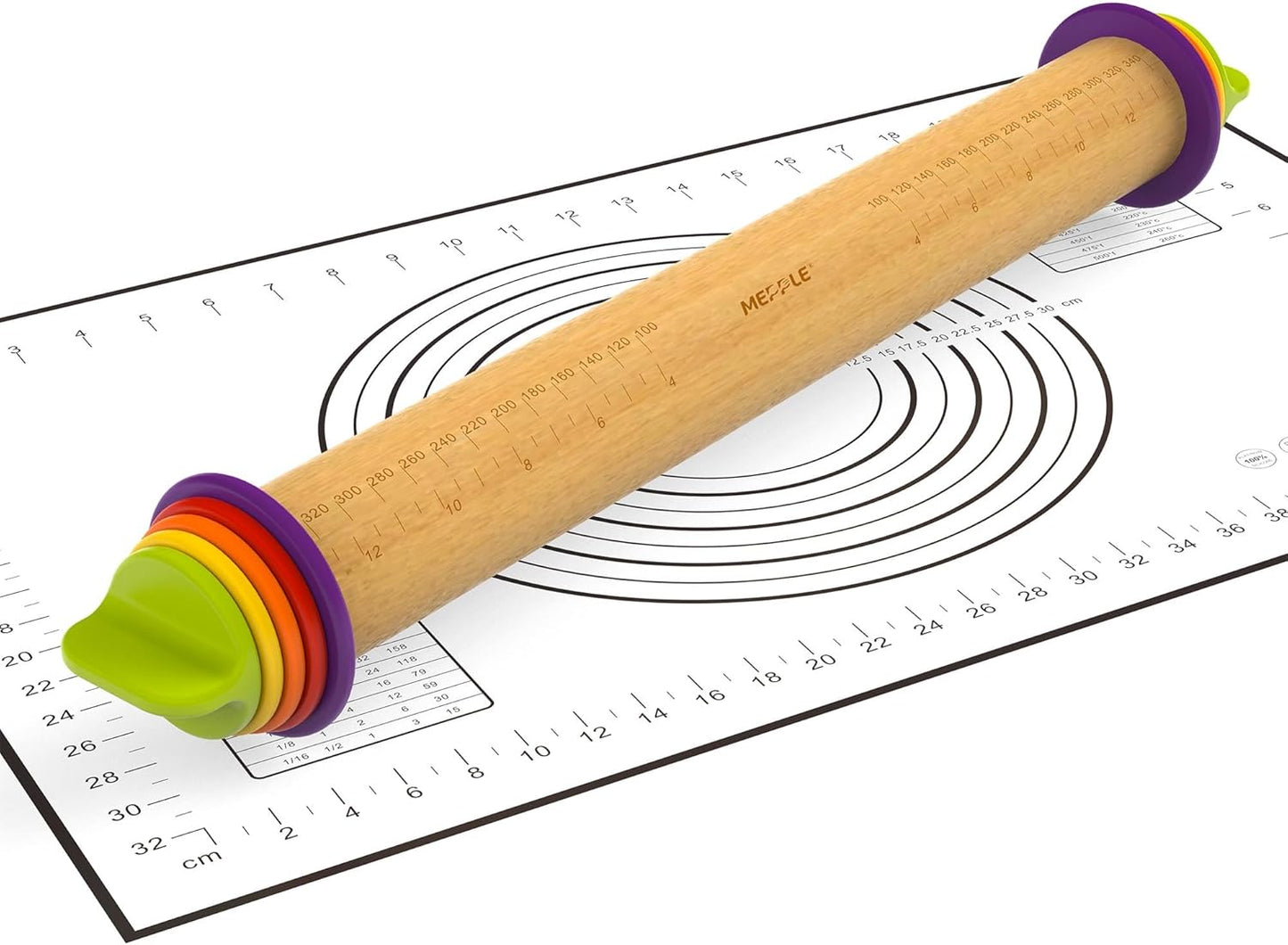 Rolling Pin with Thickness Rings and Pastry Baking Mat, 13.6" Adjustable Wooden Rolling Pin Dough Roller for Baking Cookie Pizza, Comes with Large Silicone Pastry Mat, Kitchen Baking Tools