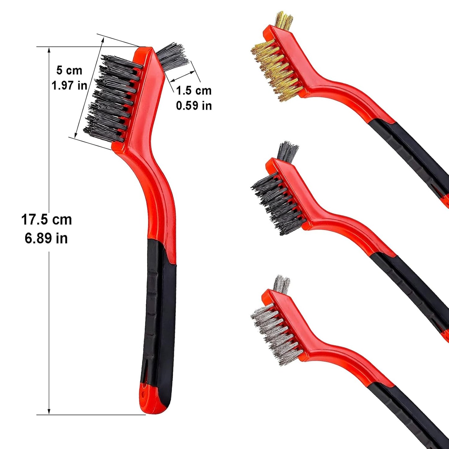 3Pcs Mini Wire Brush Set, Stainless Steel/Brass/Nylon Bristles Wire Brushes, Curved Handle Soft Grip for Rust, Dirt & Paint Scrubbing with Deep Cleaning – 7 Inches (Red)