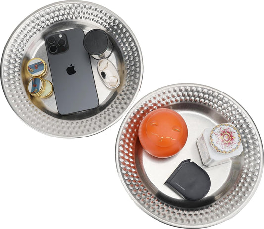 Fermus Set of 2 Round Vintage Metal Tray Diameter 10 1/4 inches, Jewelry Organizer Bathroom Clutter Rustic Decorative Trays Farmhouse Centerpiece for Coffee Table Living Room Kitchen Counter, (2 Pack)