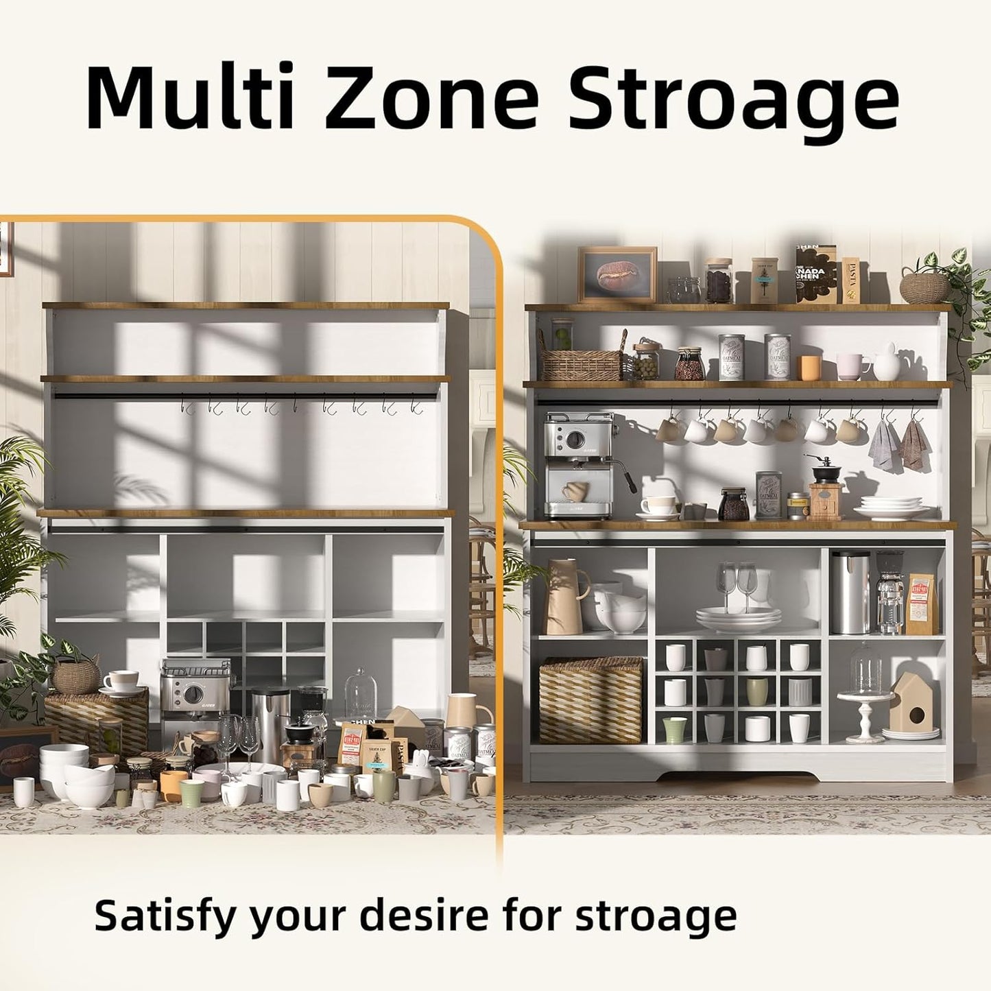 55'' Farmhouse Coffee Bar Cabinet with 3 Tier Storage Hutch, Coffee Bar Station with Sliding Barn Door, Hutch Storage Cabinet with 12 Wine Racks & 9 Hooks for Kitchen Dining Living Room