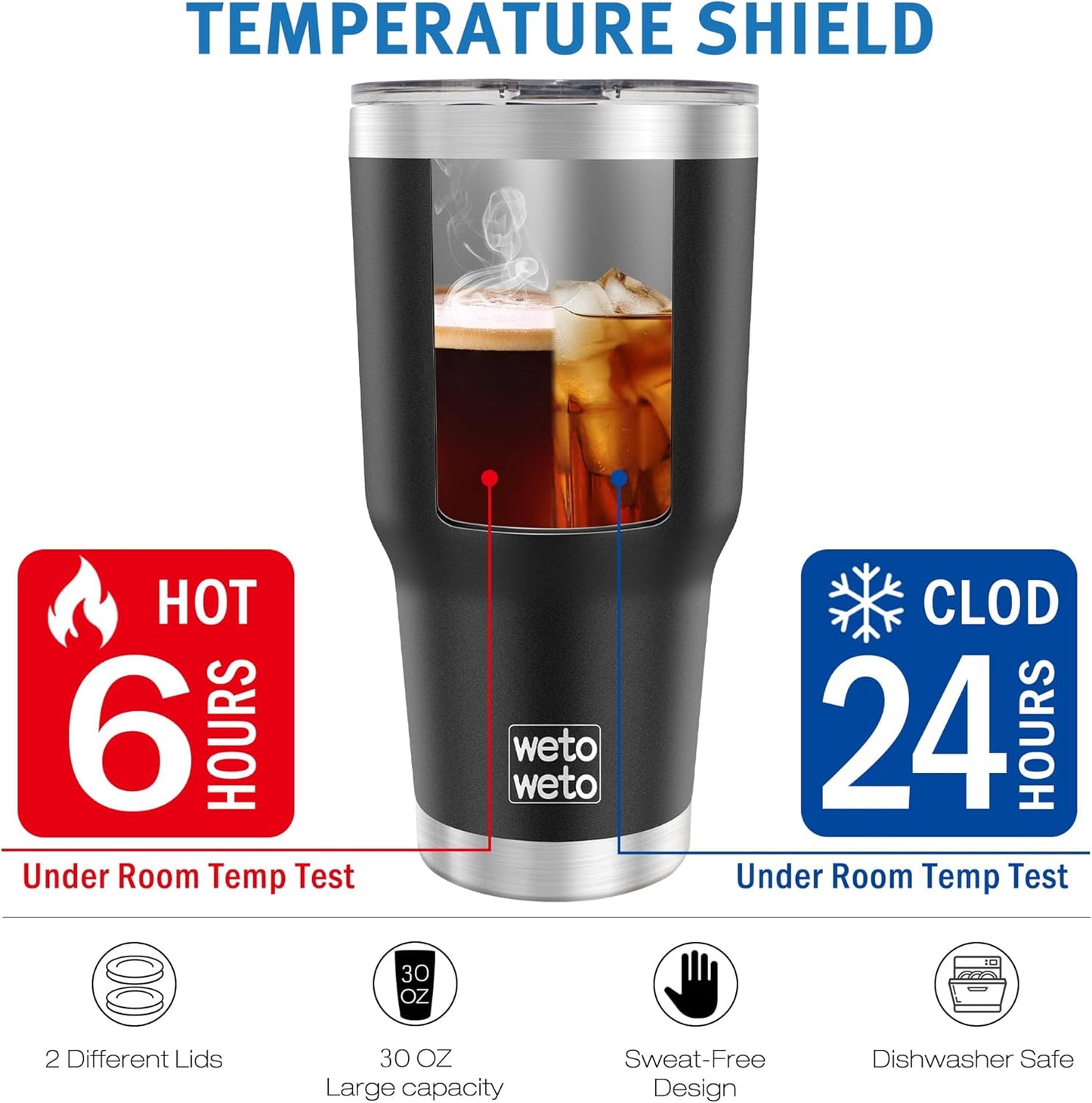 WETOWETO 30oz Tumbler, Stainless Steel Vacuum Insulated Water Coffee Tumbler Cup, Double Wall Powder Coated Spill-Proof Travel Mug Thermal Cup for Home Outdoor (Black, 1 Pack)