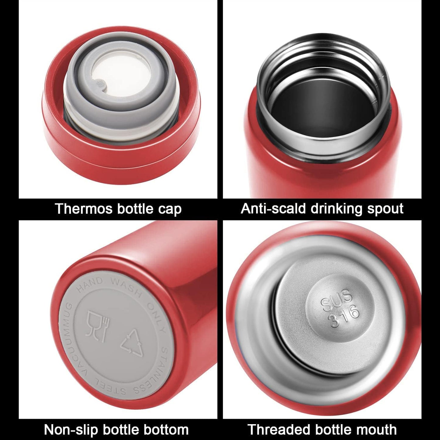 10oz Mini Water Bottle Stainless Steel Thermos Small Flask - Insulated Vacuum, Leak Proof, Keeps Drinks Hot/Cold - Ideal for Coffee, Tea, Water - Red