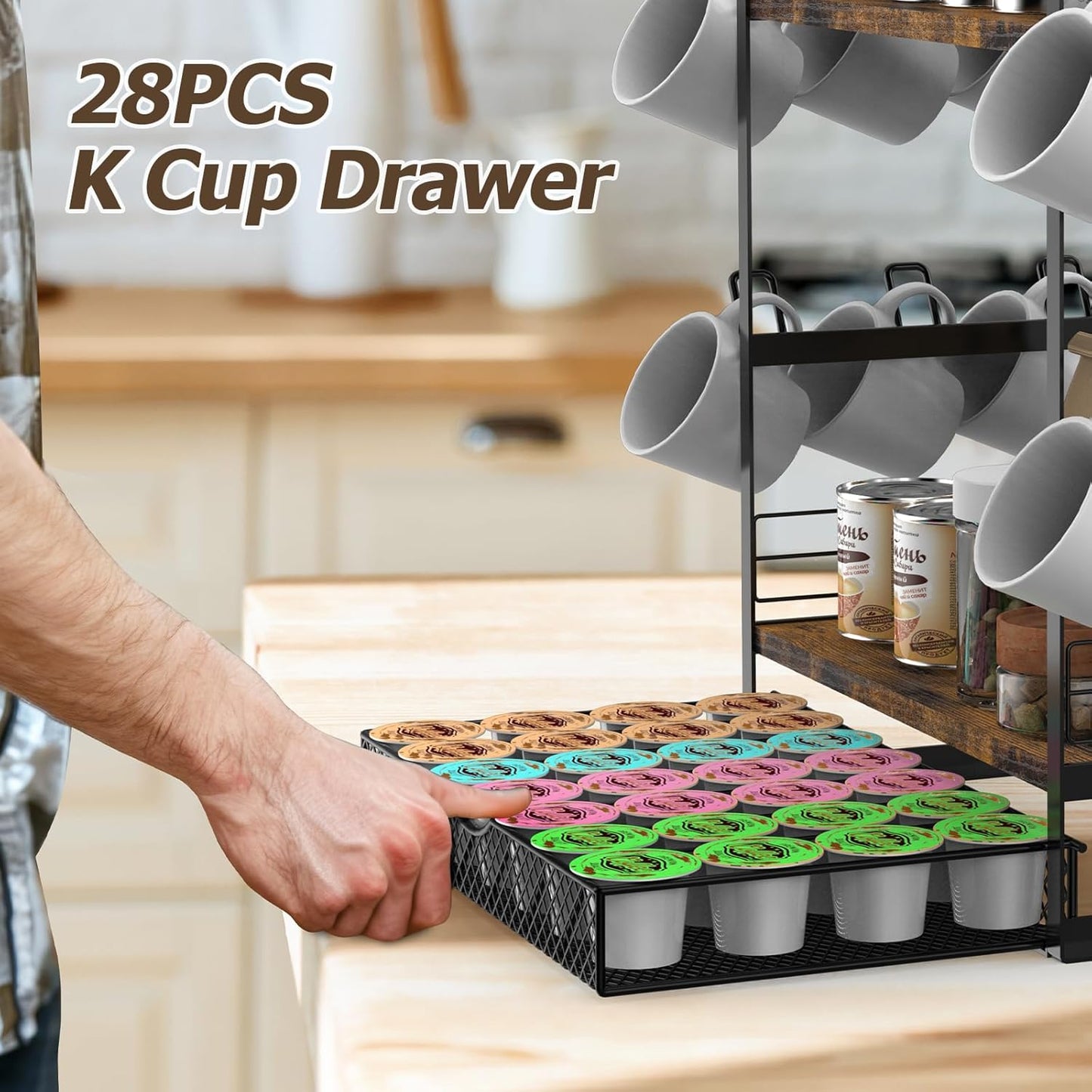 Coffee Station Organizer, 3 Tier Bar Organizer for Countertop, Mug Cup Holder Stand With 12 Hooks and 28 K Cup Storage for Kitchen, Home & Office, Rustic Brown