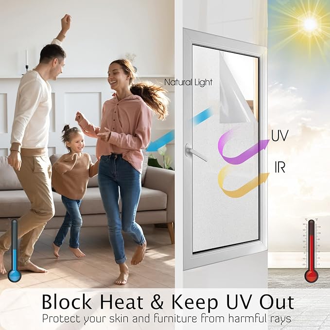 HIDBEA Frosted Window Privacy Film Heat Control UV Blocking, Static Cling Non-Adhesive Reusable Door coverings for Bathroom Home Office (Frosted 35.4 Inch x 16.4 Feet)