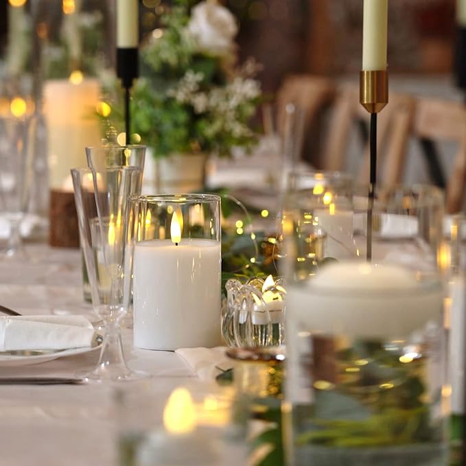 Homemory Clear Glass Flameless Candles, Pure White Wax Battery Operated Candles, LED Pillar Candles with Remote Control and Timers, D3 H4 5" 6", Set of 3