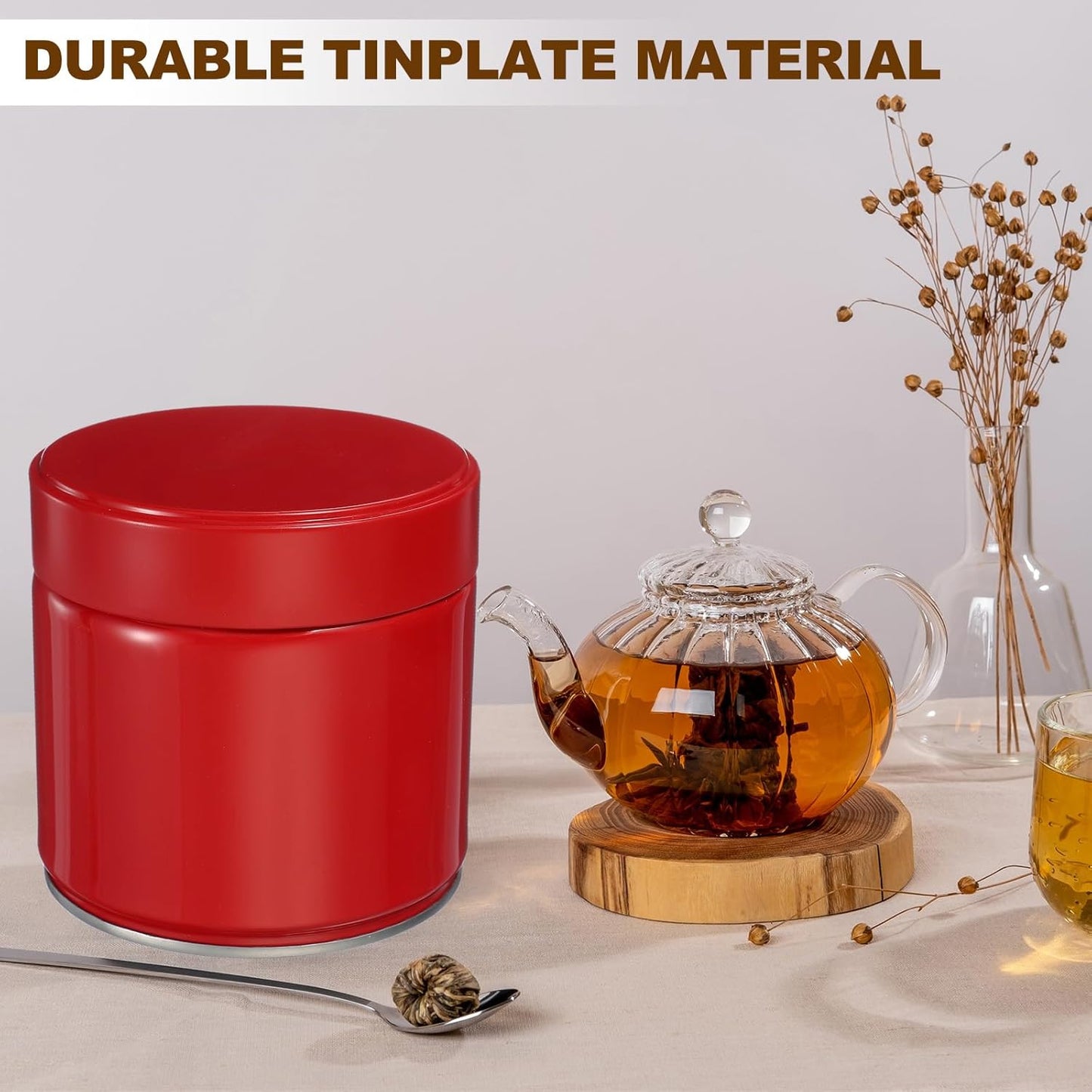 uxcell 2Pcs Round Tea Canisters, 4" x 4" Airtight Metal Tea Containers for Loose Tea, Coffee Beans, Spices - Durable, Compact, and Stylish Storage Tea Tin (Red)