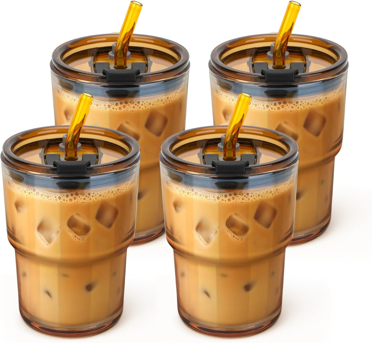 13 oz Glass Tumbler with Glass Straw and Lid, Leak-Proof Reusable Travel Cup for Iced Coffee, Tea, Matcha, Fruit Juice – Thick Wall Clear Water Bottle (Amber, 4 Pack)