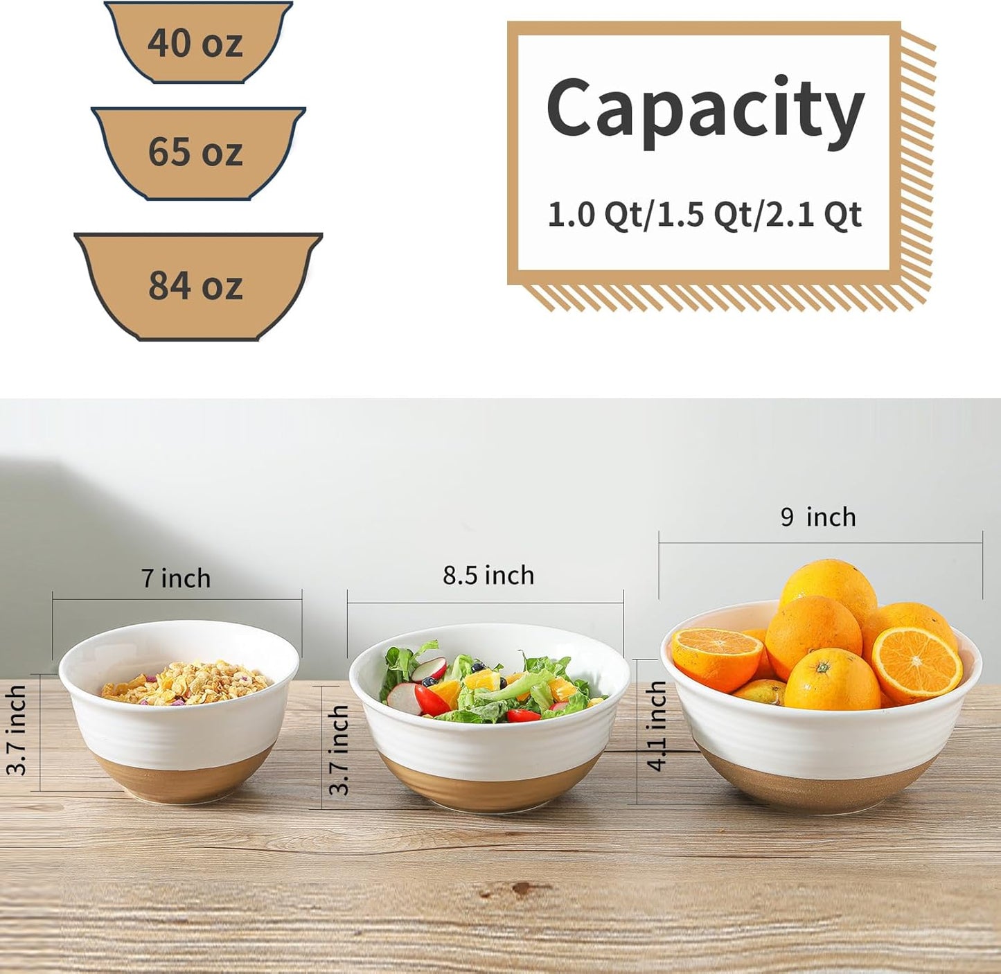 Ceramic Mixing Bowls,Large Serving Bowls 2.1/1.5/1.0 Qt,Salad Bowls Set of 3 for Kitchen Space Saving Storage,Nesting Bowls for Cooking,Popcorn,Soup,Fruit, Microwave & Dishwasher Safe,White