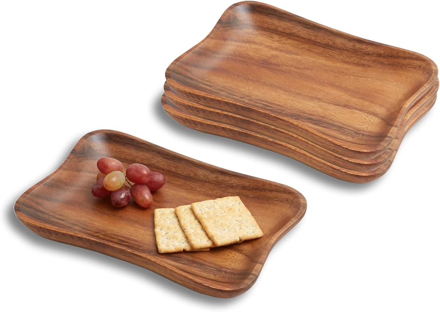 Woodard & Charles Set of 4 Acacia Wood Pinched Tray for Charcuterie, Sushi, Dessert, Fruit and More, 7.5" x 5.25"