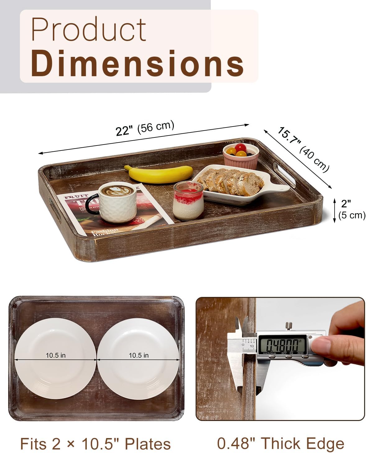 22 Inch Rustic Wood Serving Tray with Handles, Large Rectangular Wooden Ottoman Tray, Beautiful Home Décor for Living Room Coffee Table Couch, Ideal for Serving Food Breakfast BBQ Parties