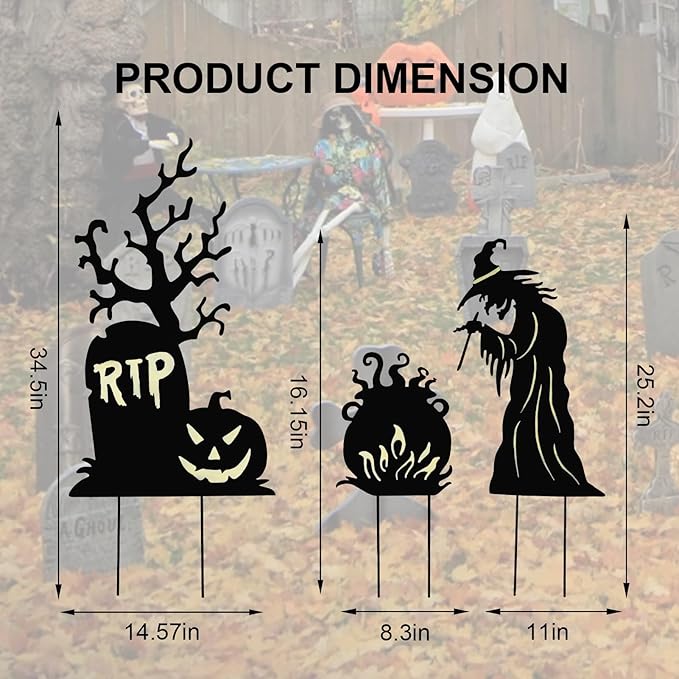 Halloween Yard Signs Outdoor Decorations，3 Pack Scary Large Witch Tombstone Cauldron Fluorescent Metal Stakes Glow in The Dark for Lawn Garden Halloween Decor (Large Witch Tombstone Cauldron)